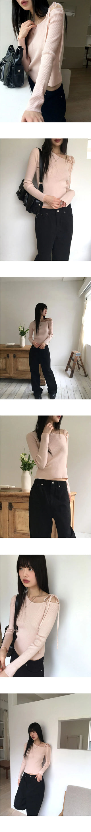 Minu Ribbon Strap One Shoulder Ribbed Knitwear