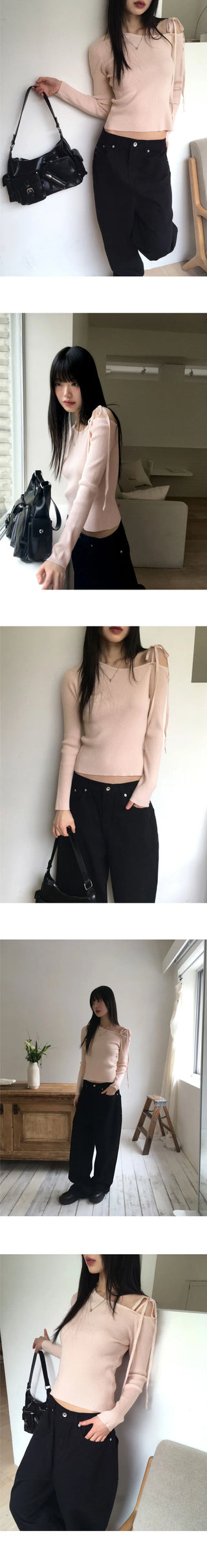 Minu Ribbon Strap One Shoulder Ribbed Knitwear