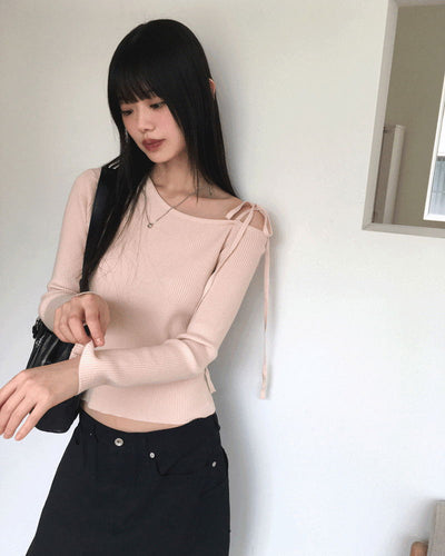 Minu Ribbon Strap One Shoulder Ribbed Knitwear