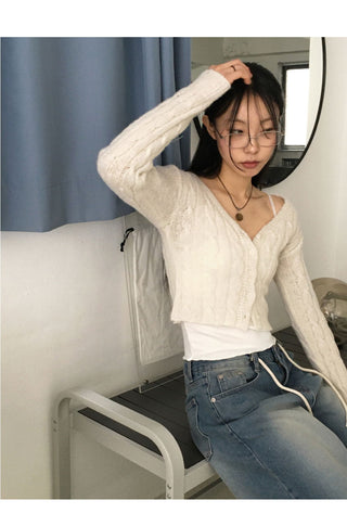 Bevel spring Twisted V-Neck crop long sleeve cardigan