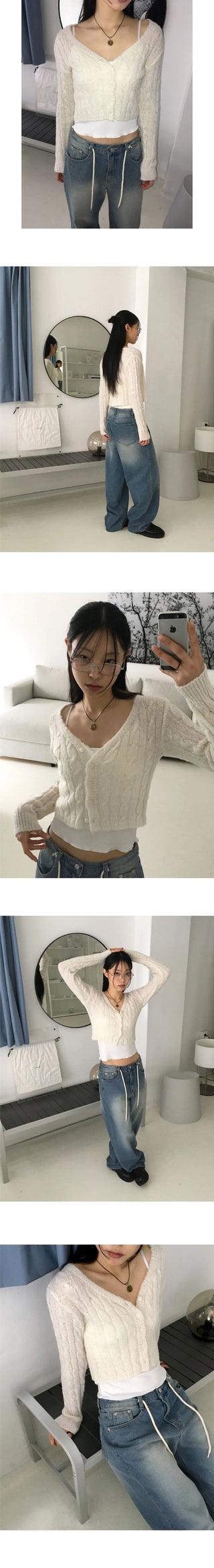 Bevel spring Twisted V-Neck crop long sleeve cardigan