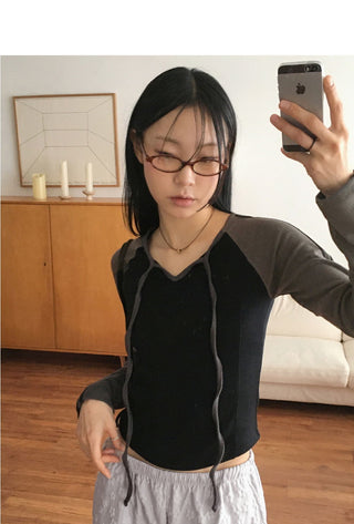 Kibe color combination two-tone tape strap long-sleeved T-shirt