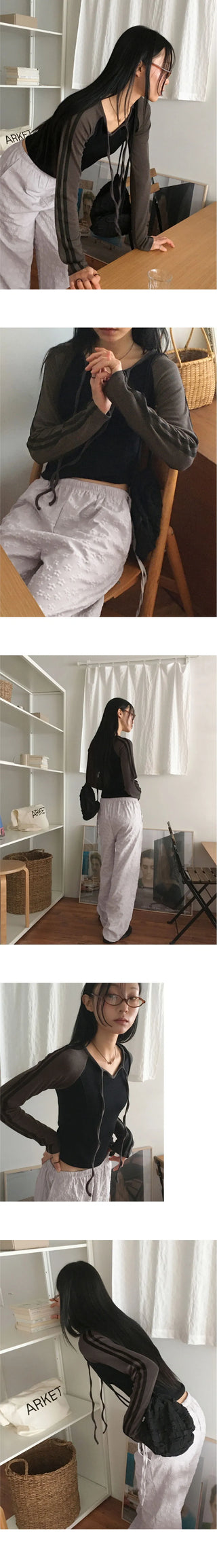 Kibe color combination two-tone tape strap long-sleeved T-shirt