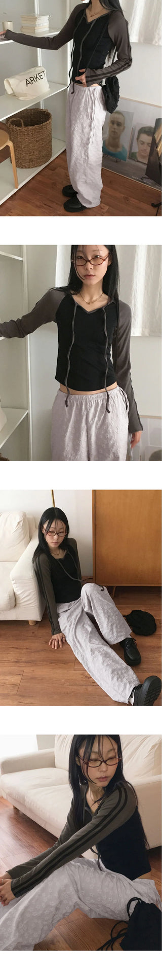 Kibe color combination two-tone tape strap long-sleeved T-shirt