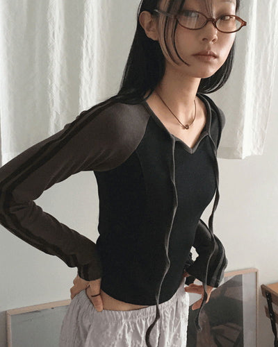 Kibe color combination two-tone tape strap long-sleeved T-shirt