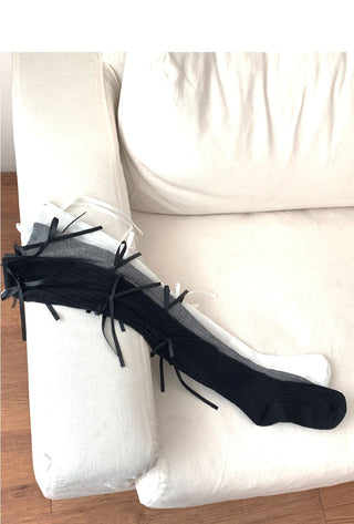 E-Shot Ballet Core Ribbon Ribbed See-through Knee Socks