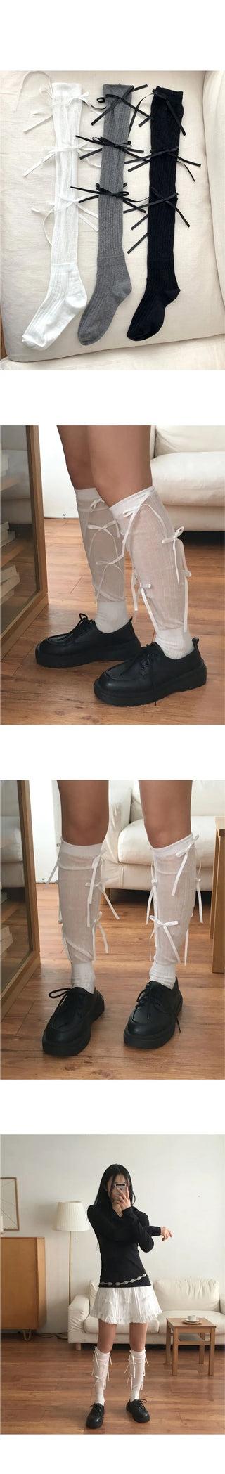 E-Shot Ballet Core Ribbon Ribbed See-through Knee Socks
