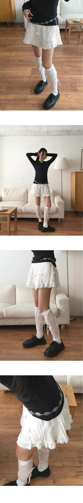 E-Shot Ballet Core Ribbon Ribbed See-through Knee Socks