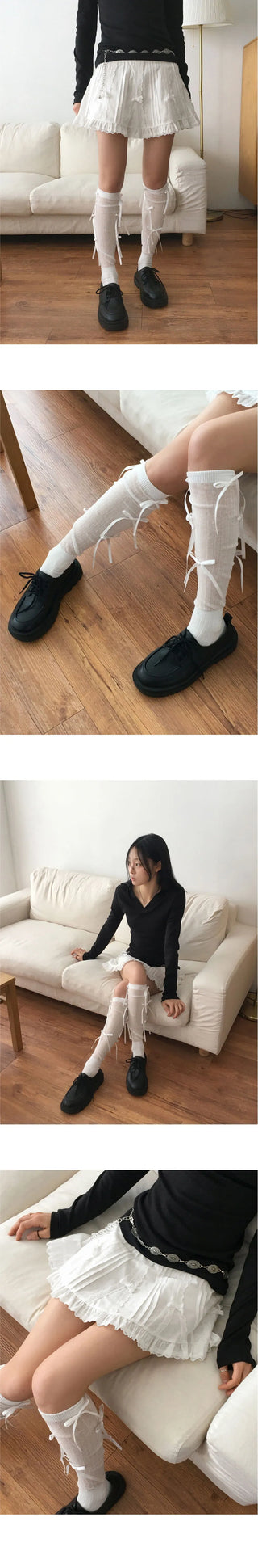 E-Shot Ballet Core Ribbon Ribbed See-through Knee Socks