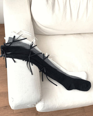E-Shot Ballet Core Ribbon Ribbed See-through Knee Socks