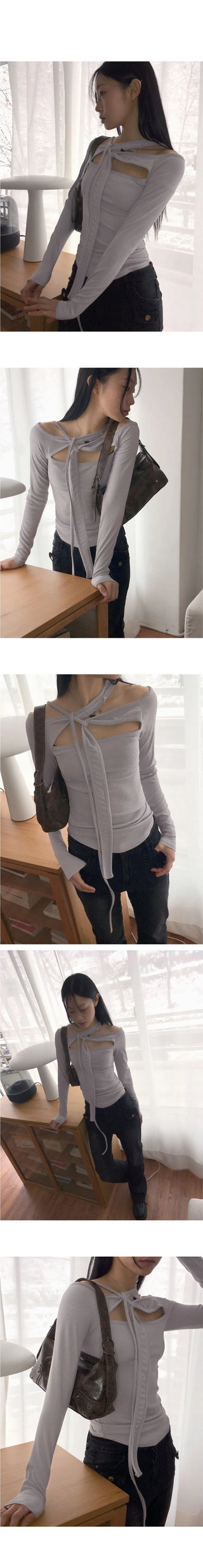 Velvet unbuttoned slit strap Ribbed rolling crop long sleeve t-shirt
