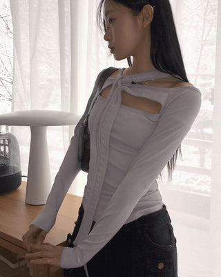 Velvet unbuttoned slit strap Ribbed rolling crop long sleeve t-shirt