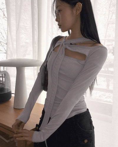 Velvet unbuttoned slit strap Ribbed rolling crop long sleeve t-shirt