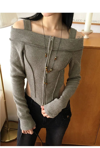 Tempt off-shoulder Split line Ribbed crop zip-up