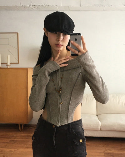 Tempt off-shoulder Split line Ribbed crop zip-up