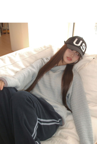 Noni High Neck Two-Color Fleece-lined Knitwear Hooded T-Shirt