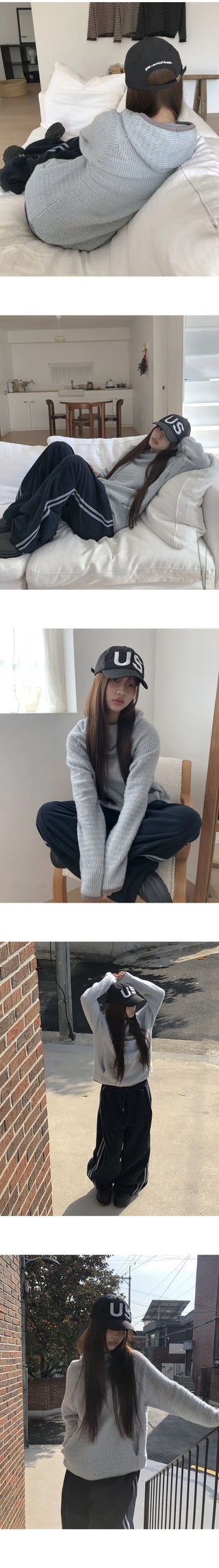 Noni High Neck Two-Color Fleece-lined Knitwear Hooded T-Shirt