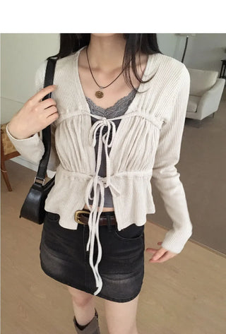 Darty strap shirring Ribbed long sleeve cardigan