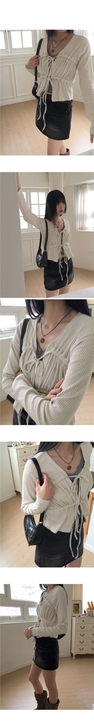 Darty strap shirring Ribbed long sleeve cardigan