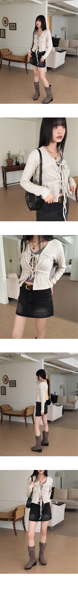 Darty strap shirring Ribbed long sleeve cardigan