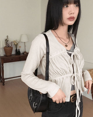 Darty strap shirring Ribbed long sleeve cardigan