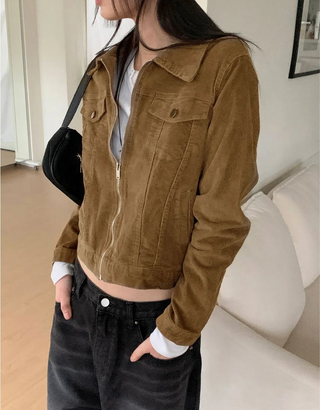 Col-rimmed slim pocket collar cropped corduroy zip-up jacket