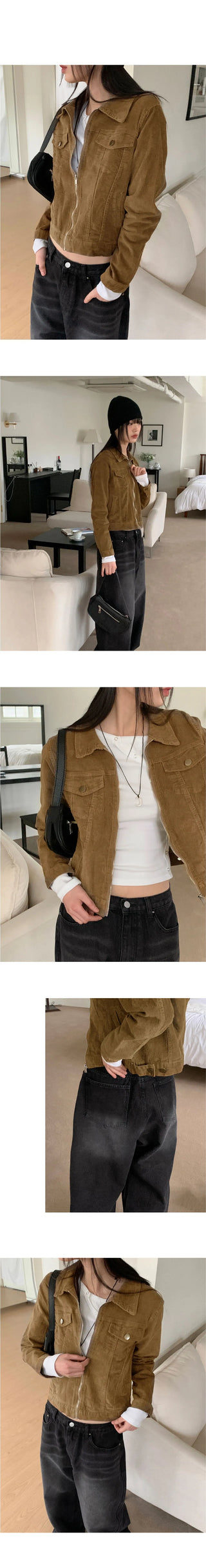 Col-rimmed slim pocket collar cropped corduroy zip-up jacket