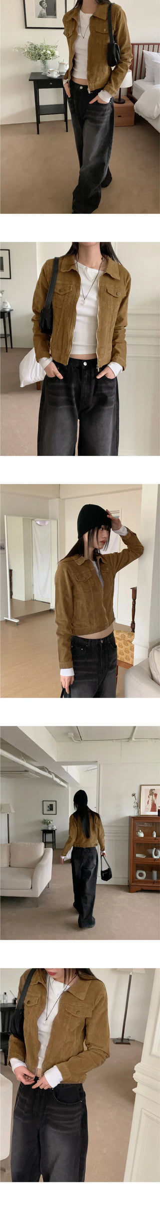 Col-rimmed slim pocket collar cropped corduroy zip-up jacket