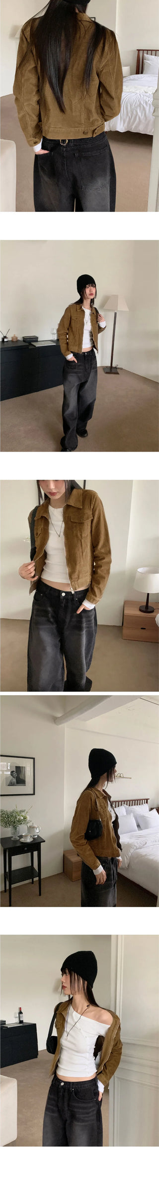 Col-rimmed slim pocket collar cropped corduroy zip-up jacket