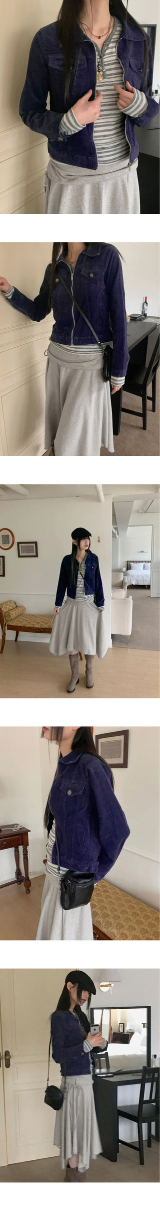 Col-rimmed slim pocket collar cropped corduroy zip-up jacket