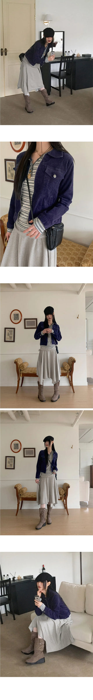 Col-rimmed slim pocket collar cropped corduroy zip-up jacket