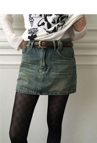 Xeric Vintage Faded Denim Mini Skirt