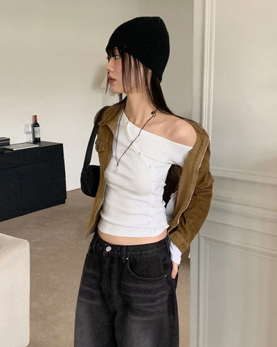 Vemon Unfooted Shoulder Curve Snap Button Long Sleeve Cardigan T-Shirt