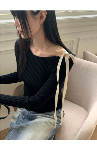 Fortwo Unbald Off Shoulder Ribbon Ribbed Knitwear