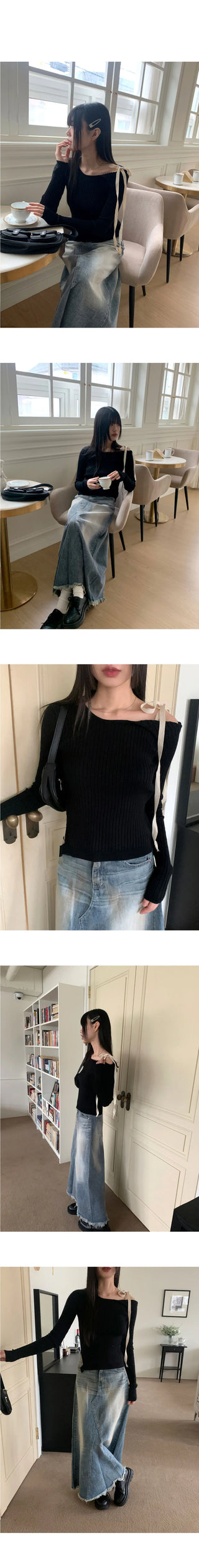 Fortwo Unbald Off Shoulder Ribbon Ribbed Knitwear