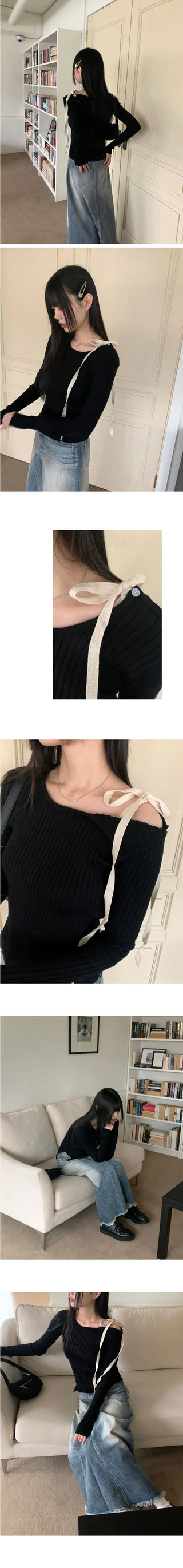 Fortwo Unbald Off Shoulder Ribbon Ribbed Knitwear
