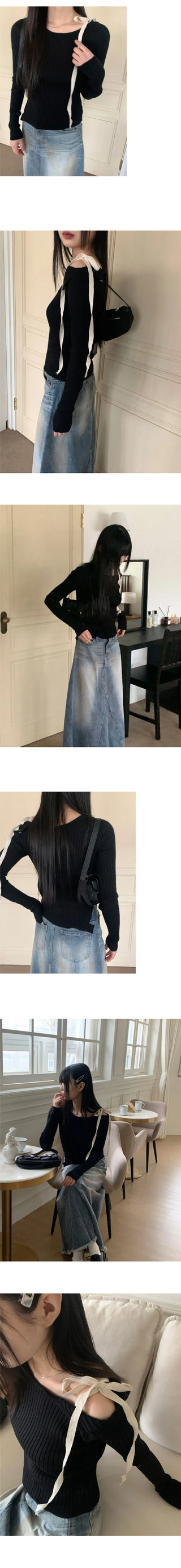 Fortwo Unbald Off Shoulder Ribbon Ribbed Knitwear