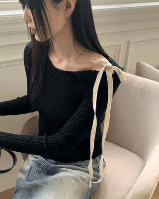 Fortwo Unbald Off Shoulder Ribbon Ribbed Knitwear