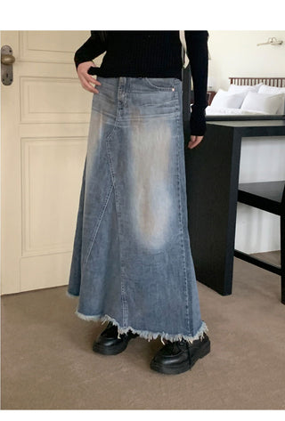Atune Split Faded Denim Maxi Long Skirt