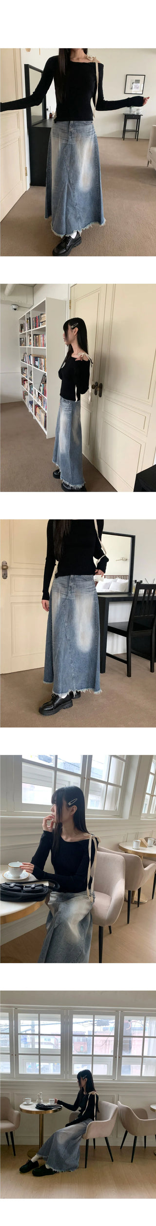 Atune Split Faded Denim Maxi Long Skirt