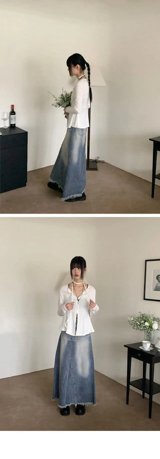 Atune Split Faded Denim Maxi Long Skirt