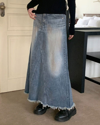 Atune Split Faded Denim Maxi Long Skirt