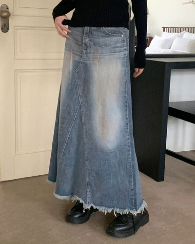 Atune Split Faded Denim Maxi Long Skirt
