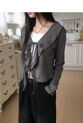 Hoven Ribbon Strap Ruffle Frill Long Sleeve Cardigan