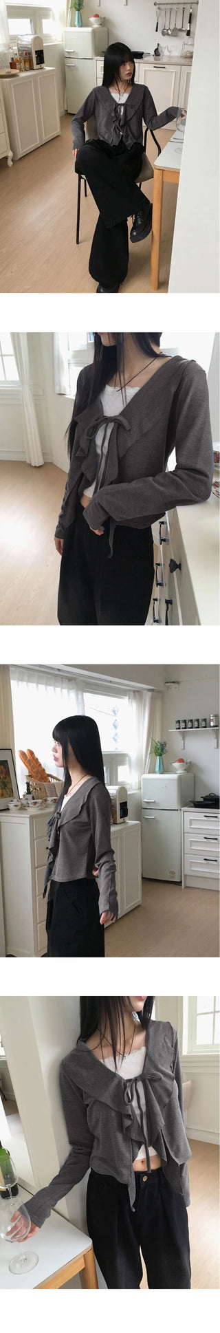 Hoven Ribbon Strap Ruffle Frill Long Sleeve Cardigan