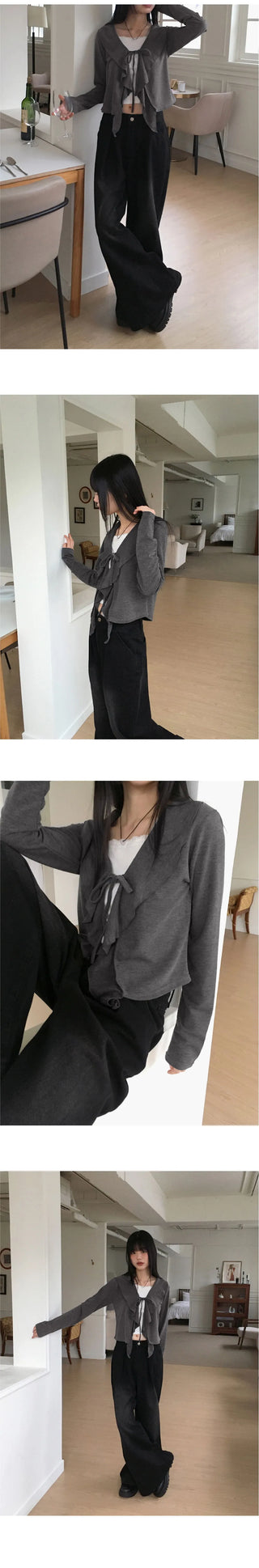 Hoven Ribbon Strap Ruffle Frill Long Sleeve Cardigan