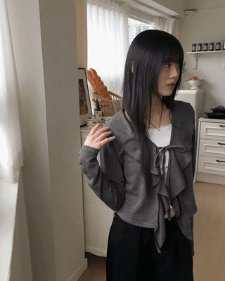 Hoven Ribbon Strap Ruffle Frill Long Sleeve Cardigan