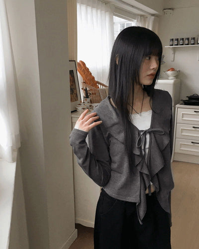 Hoven Ribbon Strap Ruffle Frill Long Sleeve Cardigan