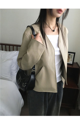 TF no-collar V short leather jacket
