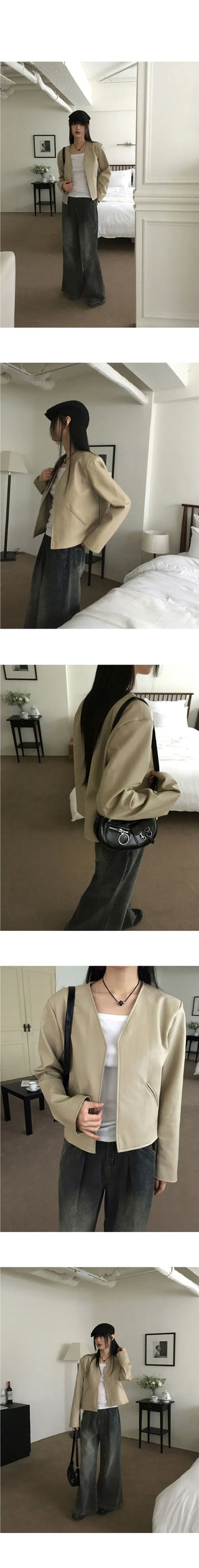 TF no-collar V short leather jacket